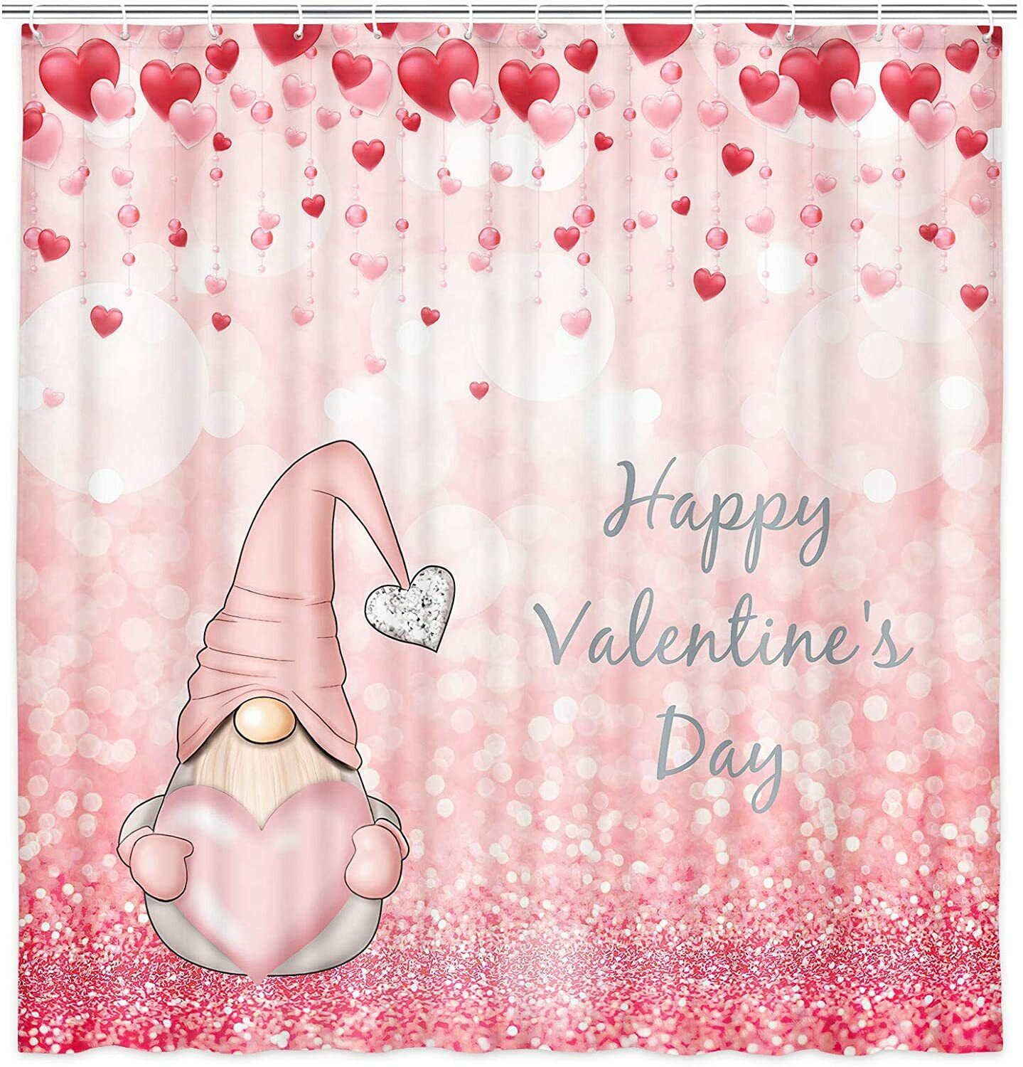 Glittering Gnome in Falling Romantic Red Hearts Shower Curtain, Highly Durable and Waterproof for Your Bathroom Decor