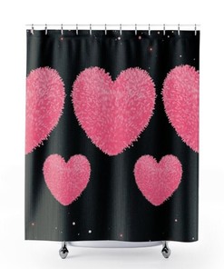 Glittery Pink Hearts with PomPoms and Rosegold Design Shower Curtain for a Glamorous Bathroom