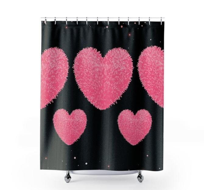 Glittery Pink Hearts with PomPoms and Rosegold Design Shower Curtain for a Glamorous Bathroom