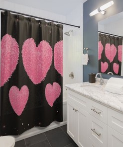 Glittery Pink Hearts with PomPoms and Rosegold Design Shower Curtain for a Glamorous Bathroom
