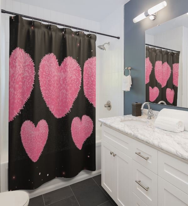 Glittery Pink Hearts with PomPoms and Rosegold Design Shower Curtain for a Glamorous Bathroom