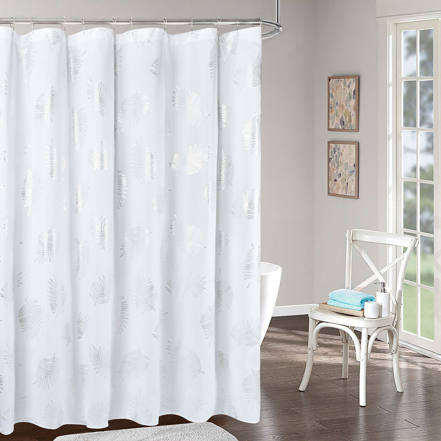 Glittery Tropical Monstera Metallic Printed Shower Curtain For Bathroom