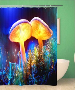 Glowing Mushroom Fantasy Macro Shower Curtain With Mystery Dark Forest