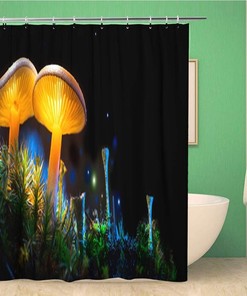 Glowing Mushroom Fantasy Shower Curtain With Mystery Dark Forest