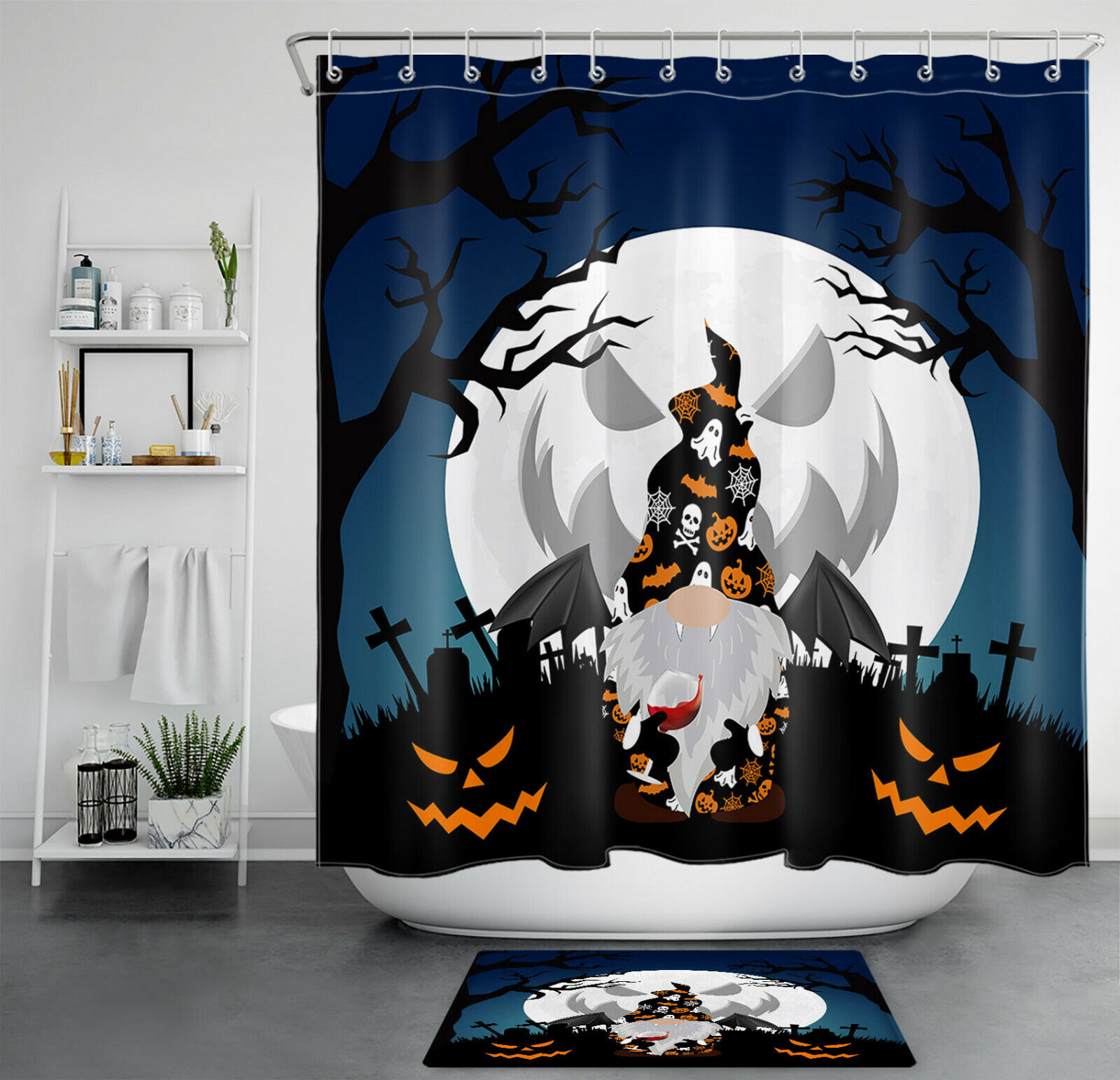 Gnome And Dead Tree Moon Halloween Shower Curtain - Rustic Halloween Theme