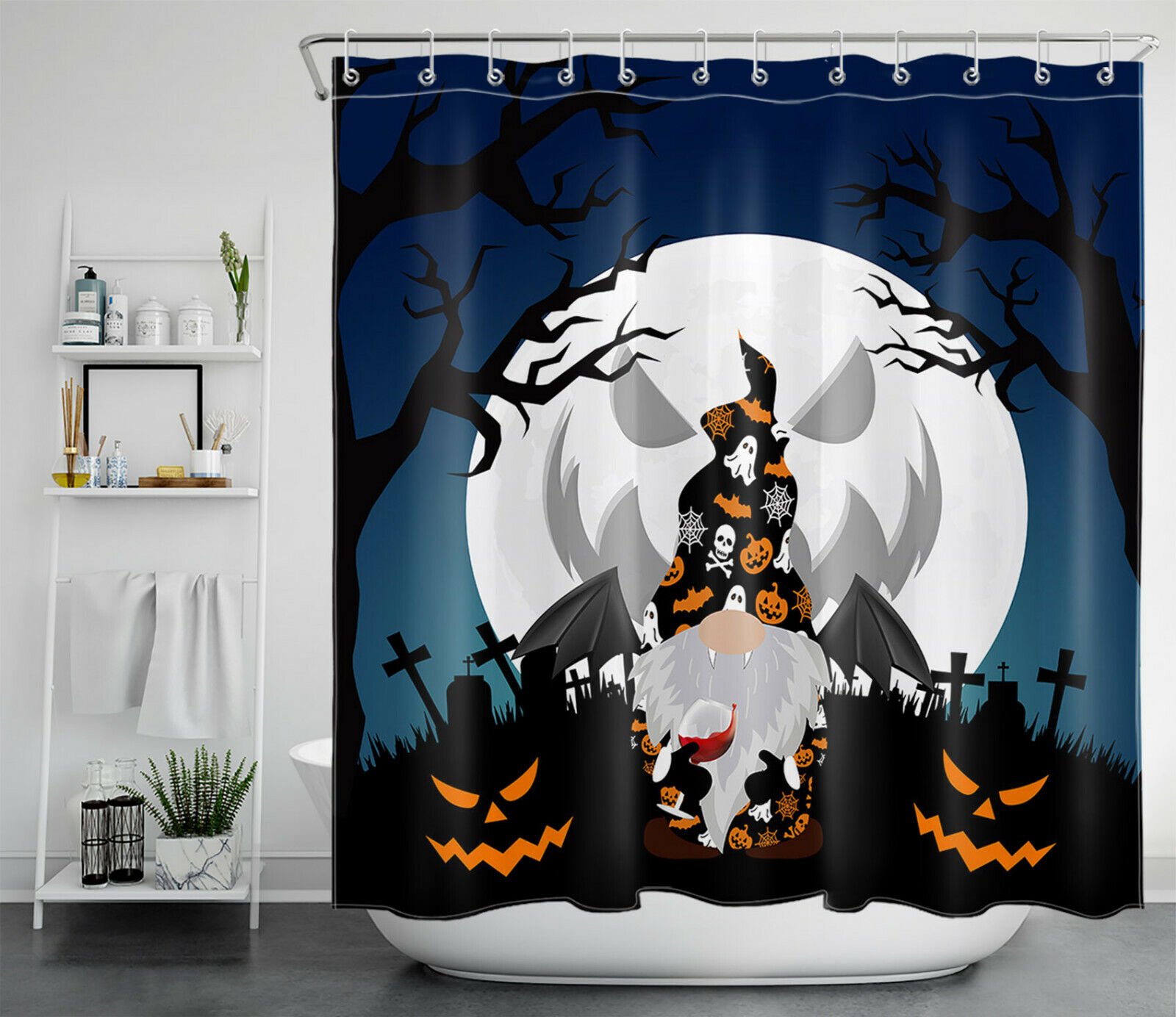 Gnome And Dead Tree Moon Halloween Shower Curtain - Rustic Halloween Theme