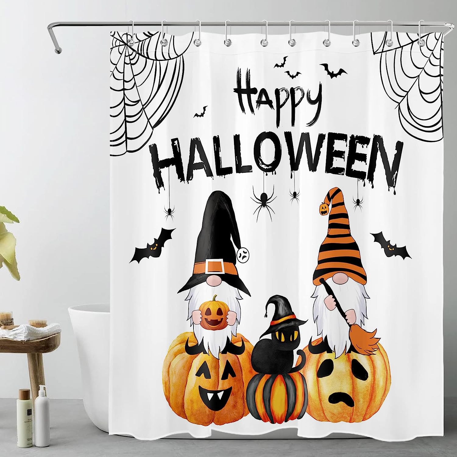 Gnome Black Cat Bat and Pumpkin Lantern Halloween Shower Curtain with Horror Elements
