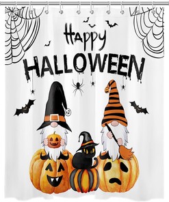 Gnome Black Cat Bat and Pumpkin Lantern Halloween Shower Curtain with Horror Elements