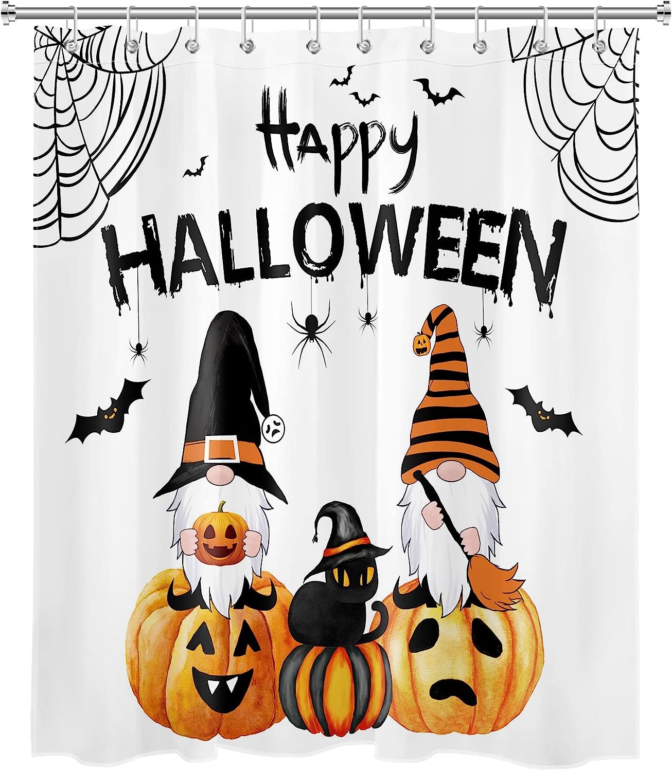 Gnome Black Cat Bat and Pumpkin Lantern Halloween Shower Curtain with Horror Elements
