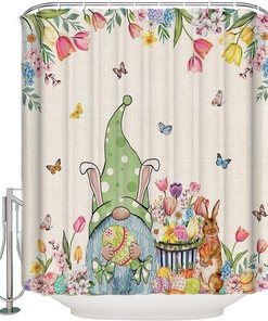 Gnome Bunny Eggs Spring Floral Shower Curtain - LB Rustic Burlap Easter Bathtub Curtainses