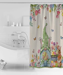 Gnome Bunny Eggs Spring Floral Shower Curtain - LB Rustic Burlap Easter Bathtub Curtainses