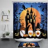 Gnome Castle Halloween Shower Curtain with Spooky Moon and Witch Print 
