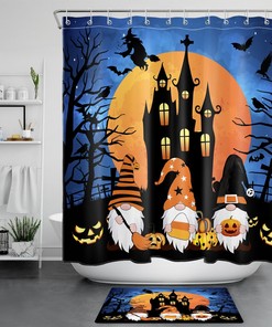 Gnome Castle Halloween Shower Curtain with Spooky Moon and Witch Print 