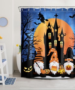 Gnome Castle Halloween Shower Curtain with Spooky Moon and Witch Print