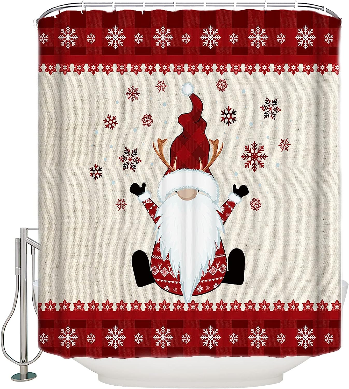 Gnome Farmhouse Shower Curtain | Cute Merry Christmas Snowflake Bathroom Decor