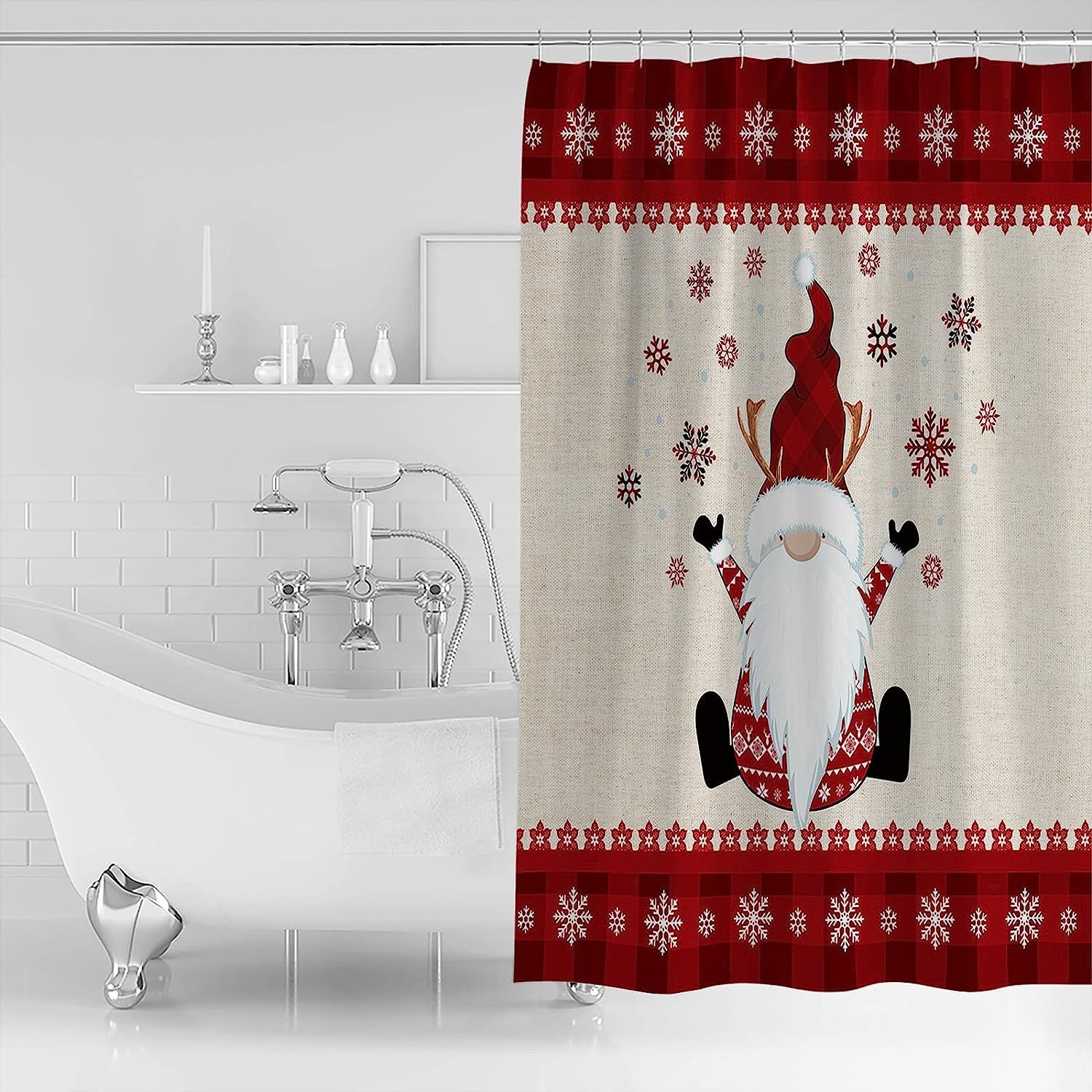 Gnome Farmhouse Shower Curtain | Cute Merry Christmas Snowflake Bathroom Decor - Image 2