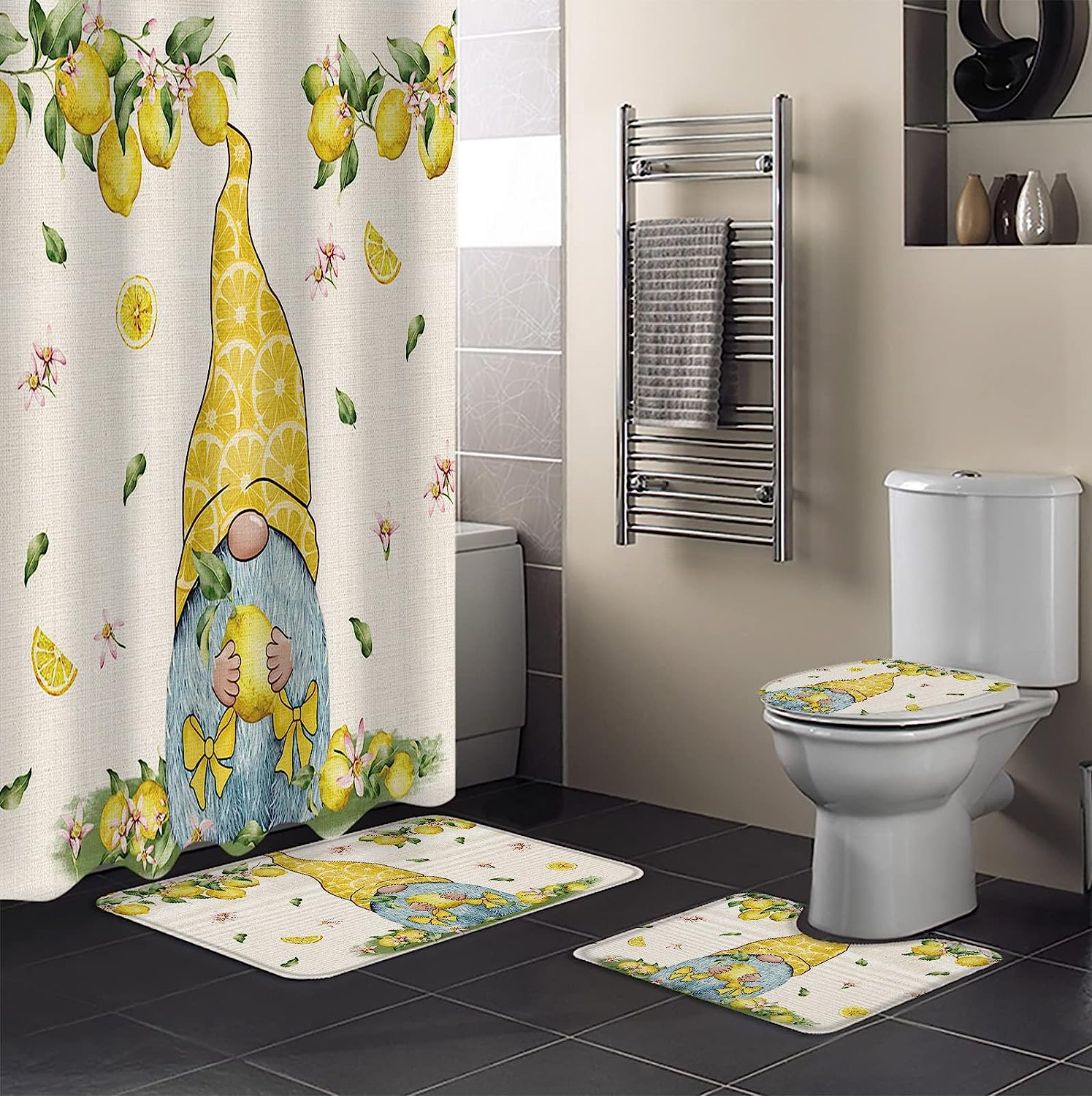 Gnome Lemons Linen Texture Summer Shower Curtain for Kids Bathroom