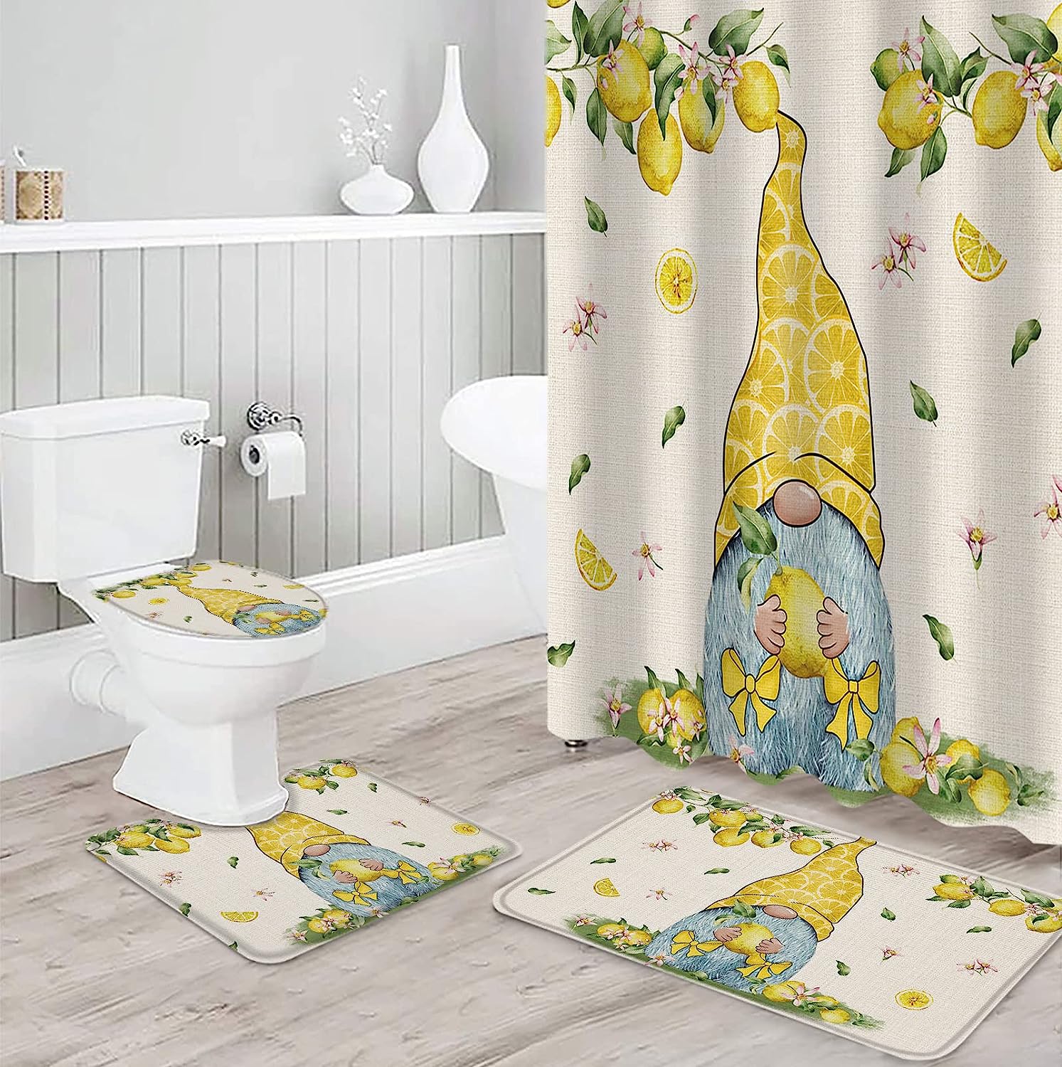 Gnome Lemons Linen Texture Summer Shower Curtain for Kids Bathroom