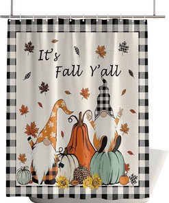 Gnome Pumpkin Thanksgiving Checker Retro Linen Bath Shower Curtain