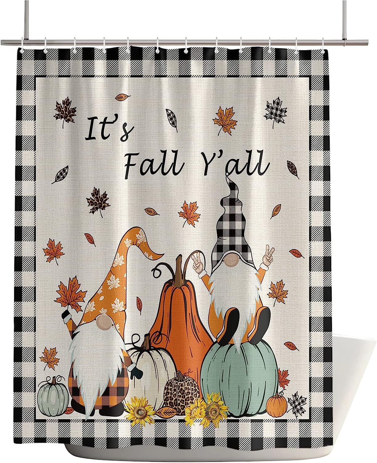 Gnome Pumpkin Thanksgiving Checker Retro Linen Bath Shower Curtain