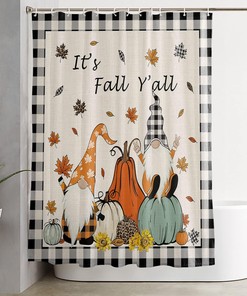 Gnome Pumpkin Thanksgiving Checker Retro Linen Bath Shower Curtain