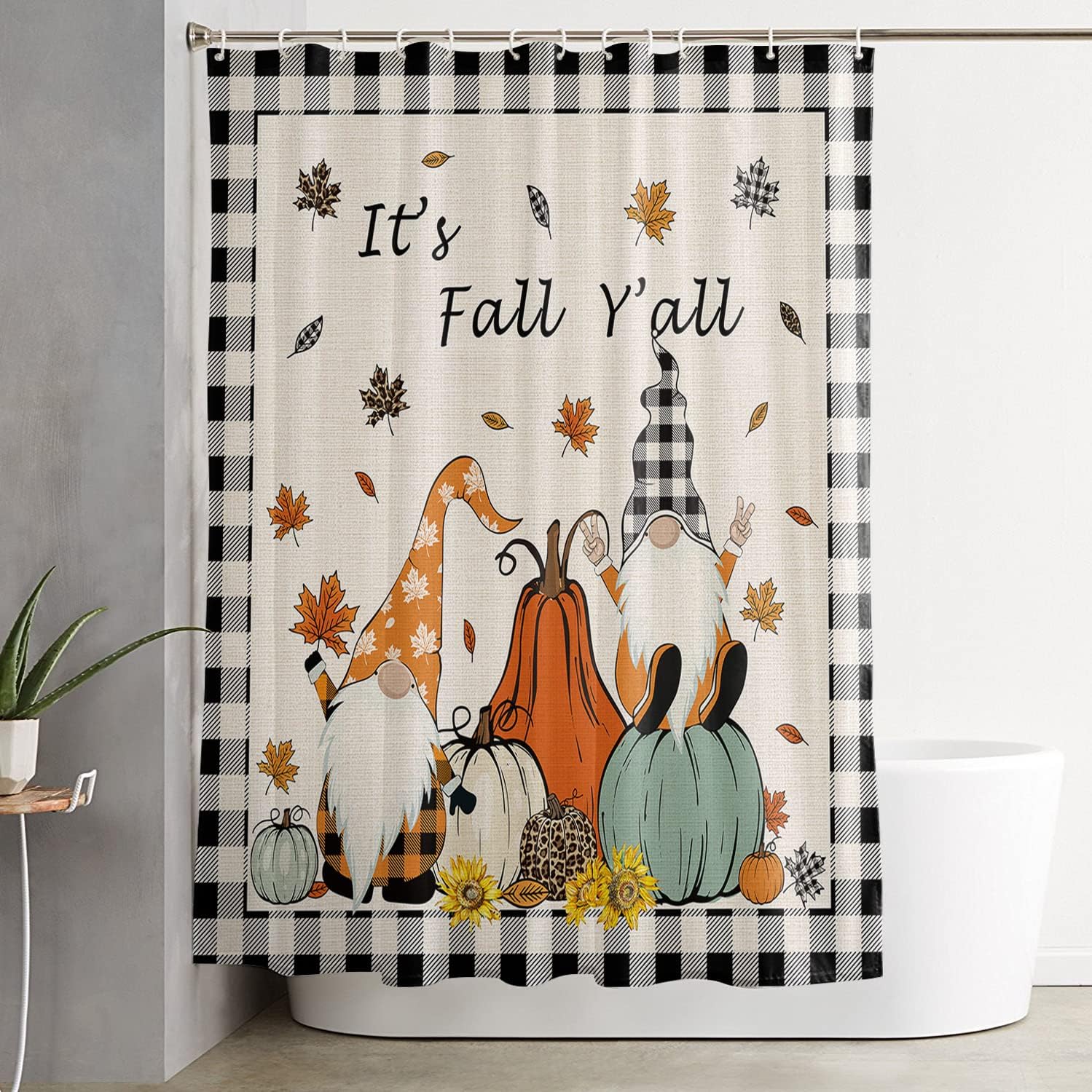 Gnome Pumpkin Thanksgiving Checker Retro Linen Bath Shower Curtain