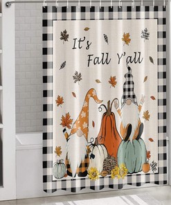 Gnome Pumpkin Thanksgiving Checker Retro Linen Bath Shower Curtain