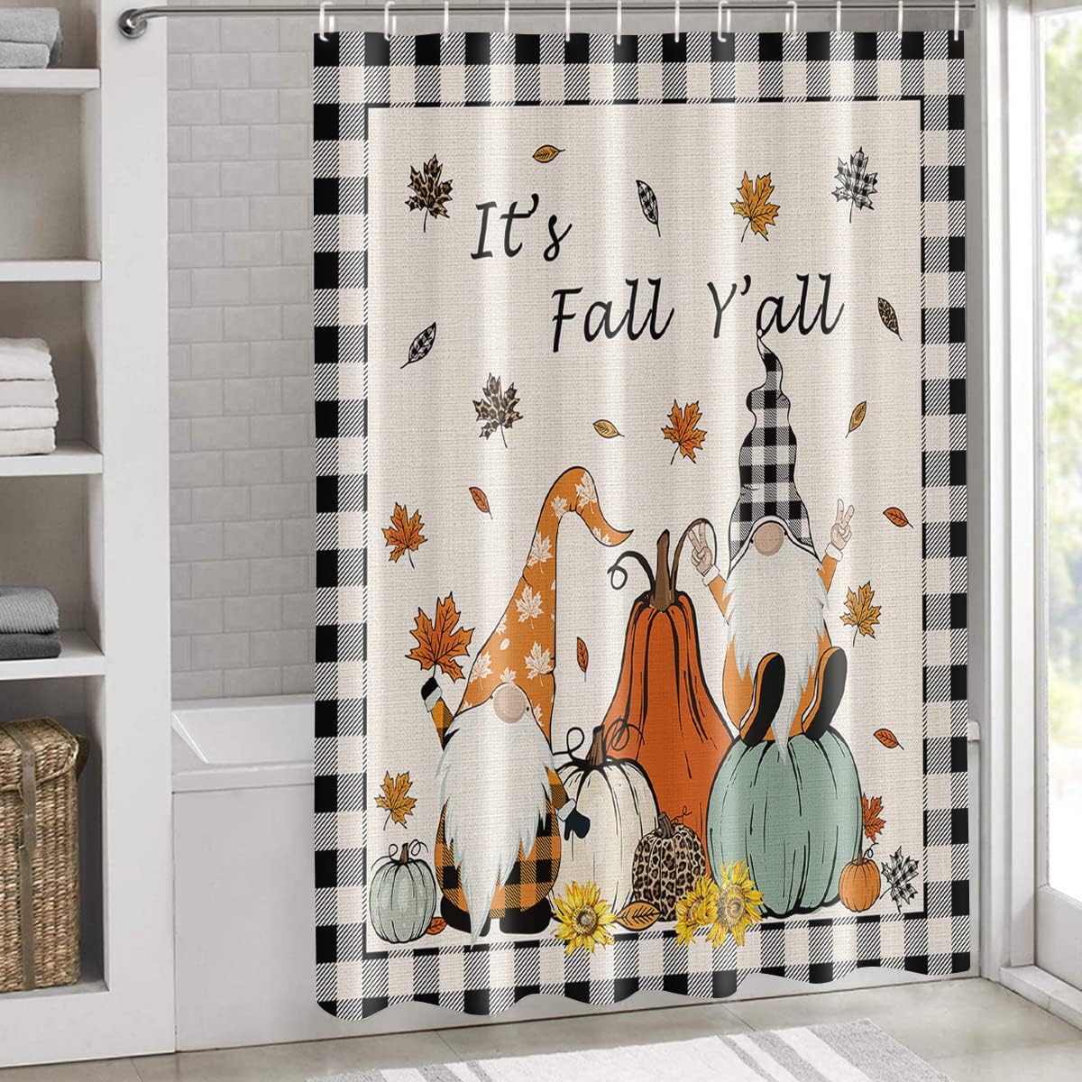 Gnome Pumpkin Thanksgiving Checker Retro Linen Bath Shower Curtain