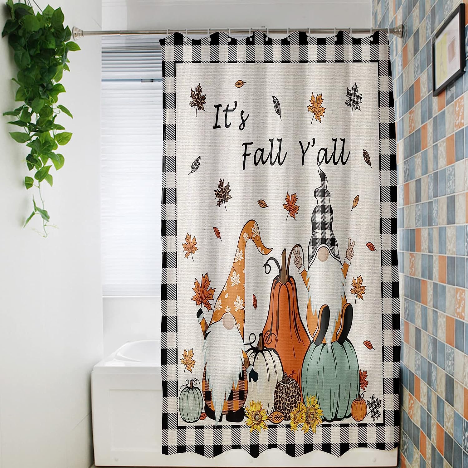 Gnome Pumpkin Thanksgiving Checker Retro Linen Bath Shower Curtain