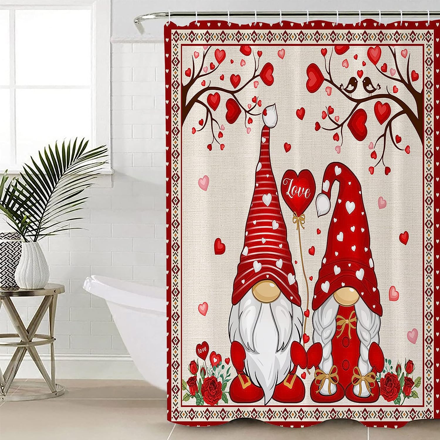 Gnome Red Love Heart Tree Romantic Rose Floral Southwest Shower Curtain for Bathroom