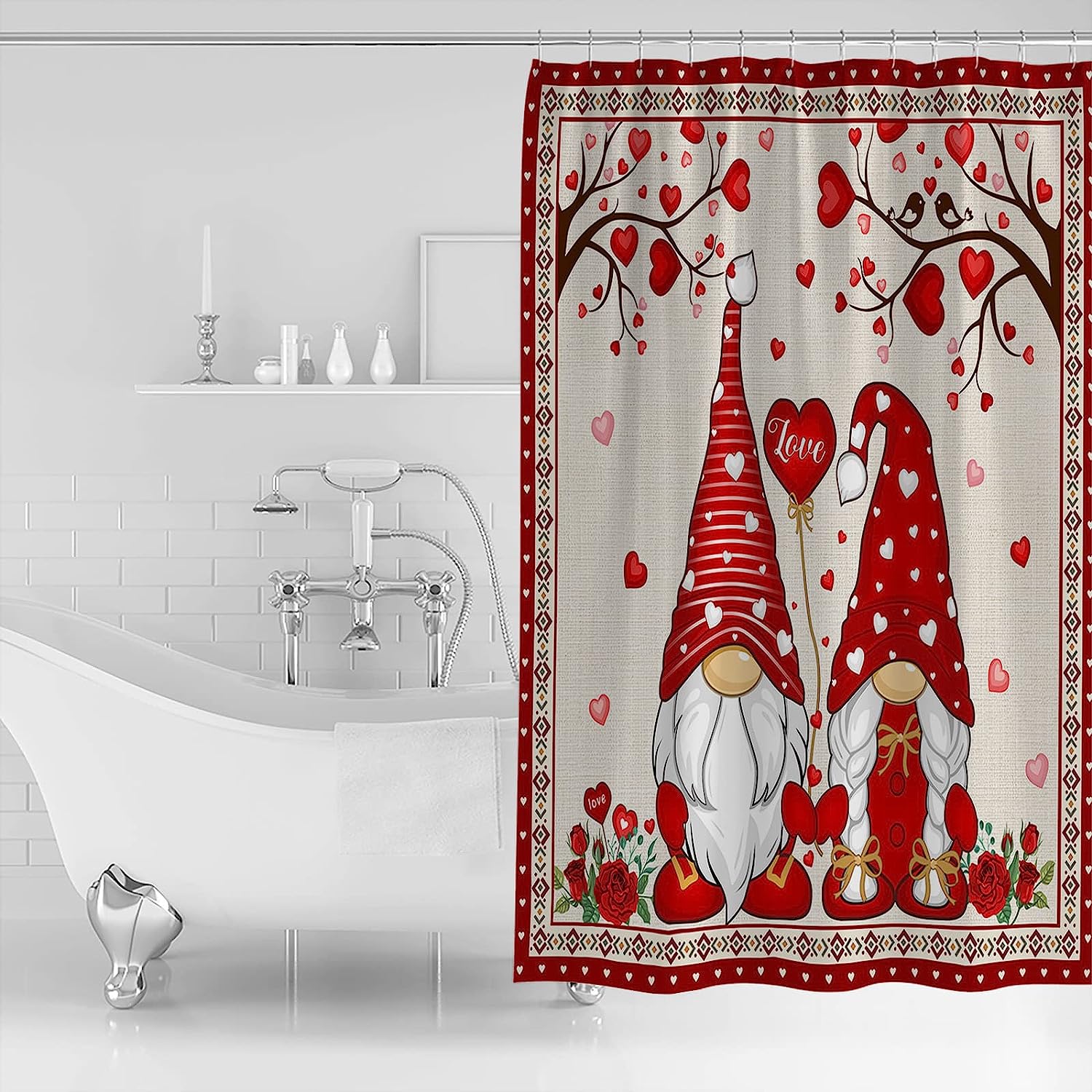 Gnome Red Love Heart Tree Romantic Rose Floral Southwest Shower Curtain for Bathroom