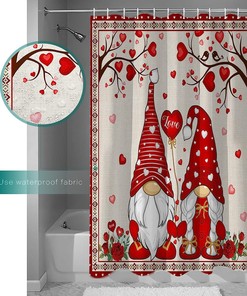 Gnome Red Love Heart Tree Romantic Rose Floral Southwest Shower Curtain for Bathroom