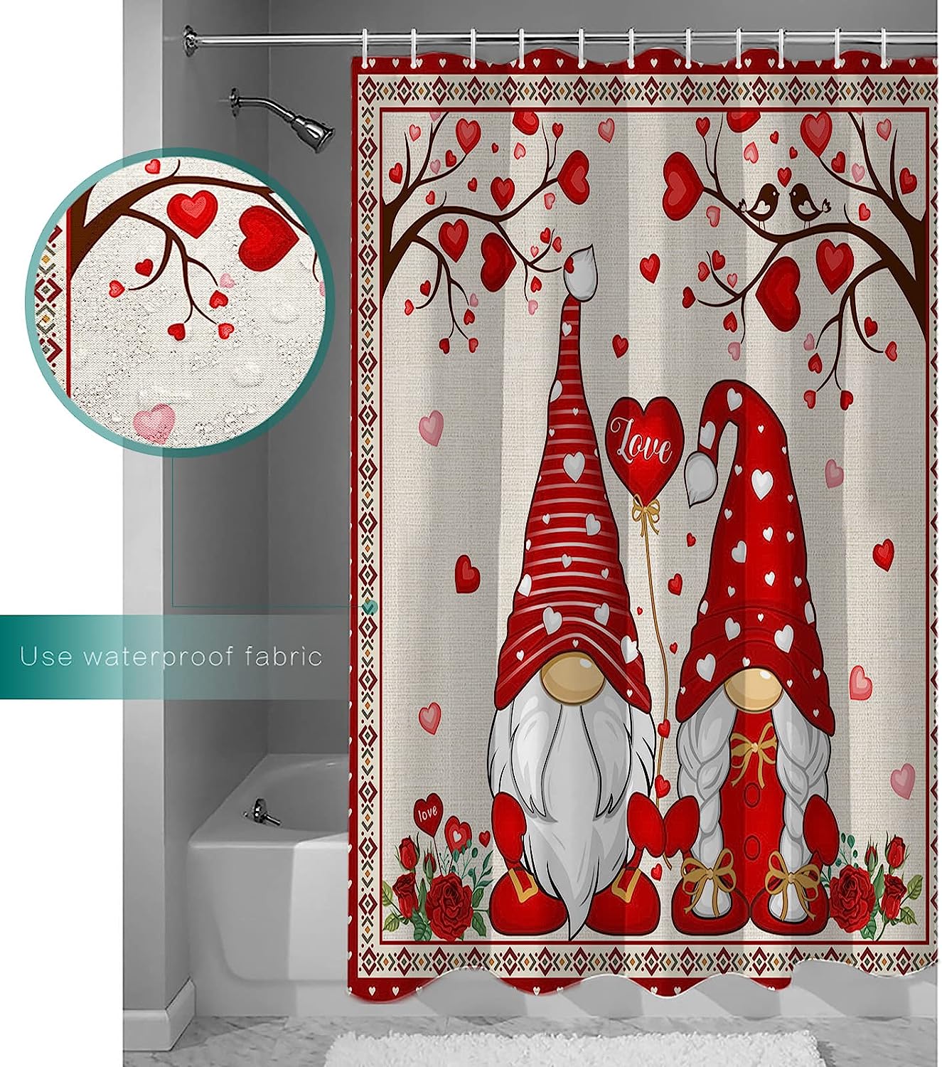 Gnome Red Love Heart Tree Romantic Rose Floral Southwest Shower Curtain for Bathroom