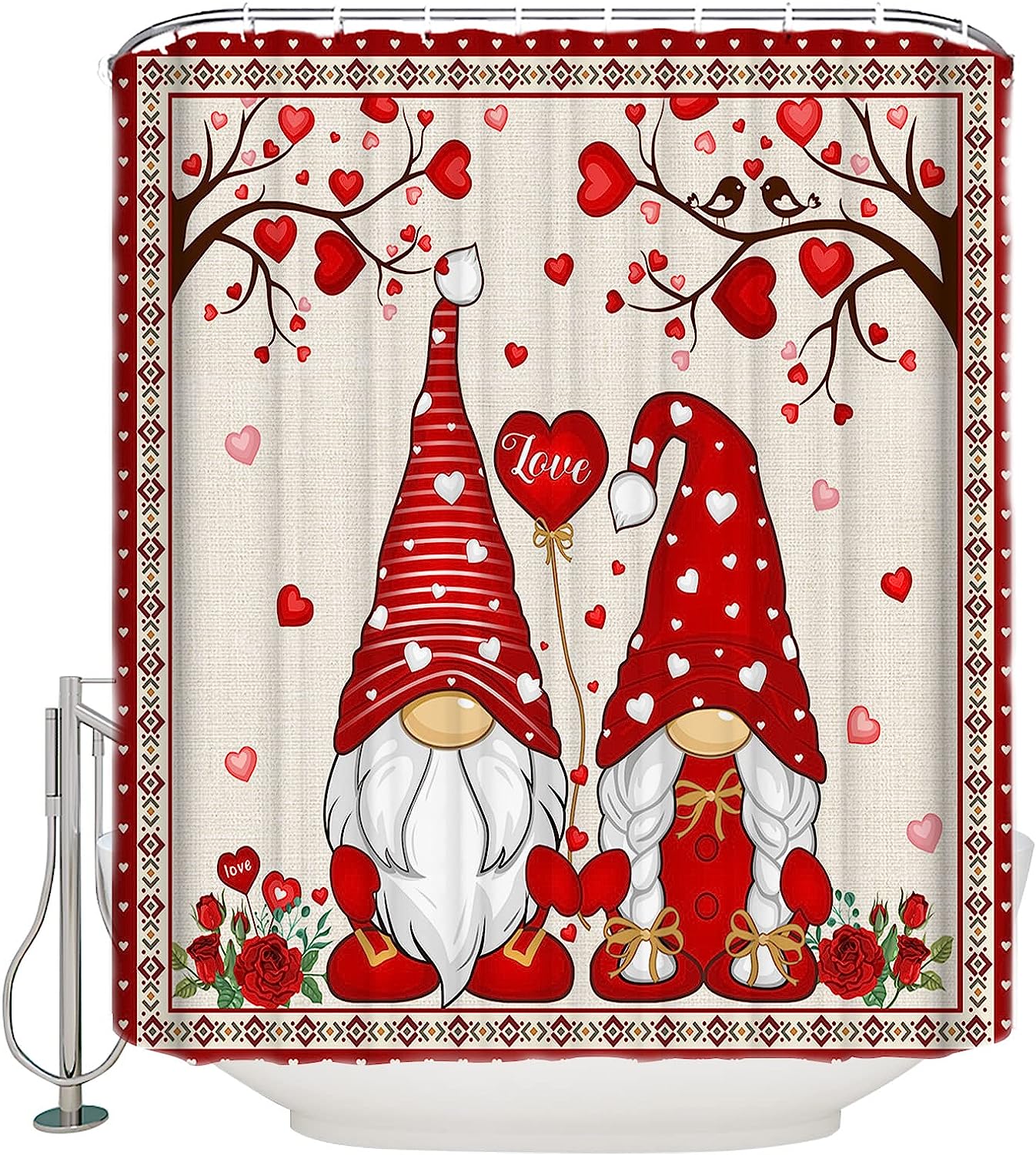 Gnome Red Love Heart Tree Romantic Rose Floral Southwest Shower Curtain for Bathroom