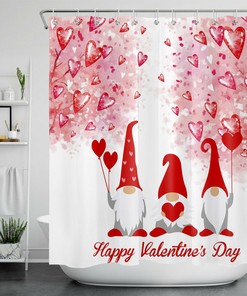 Gnome Shower Curtain Red Hearts Tree Bathroom Accessories for Valentine's Day