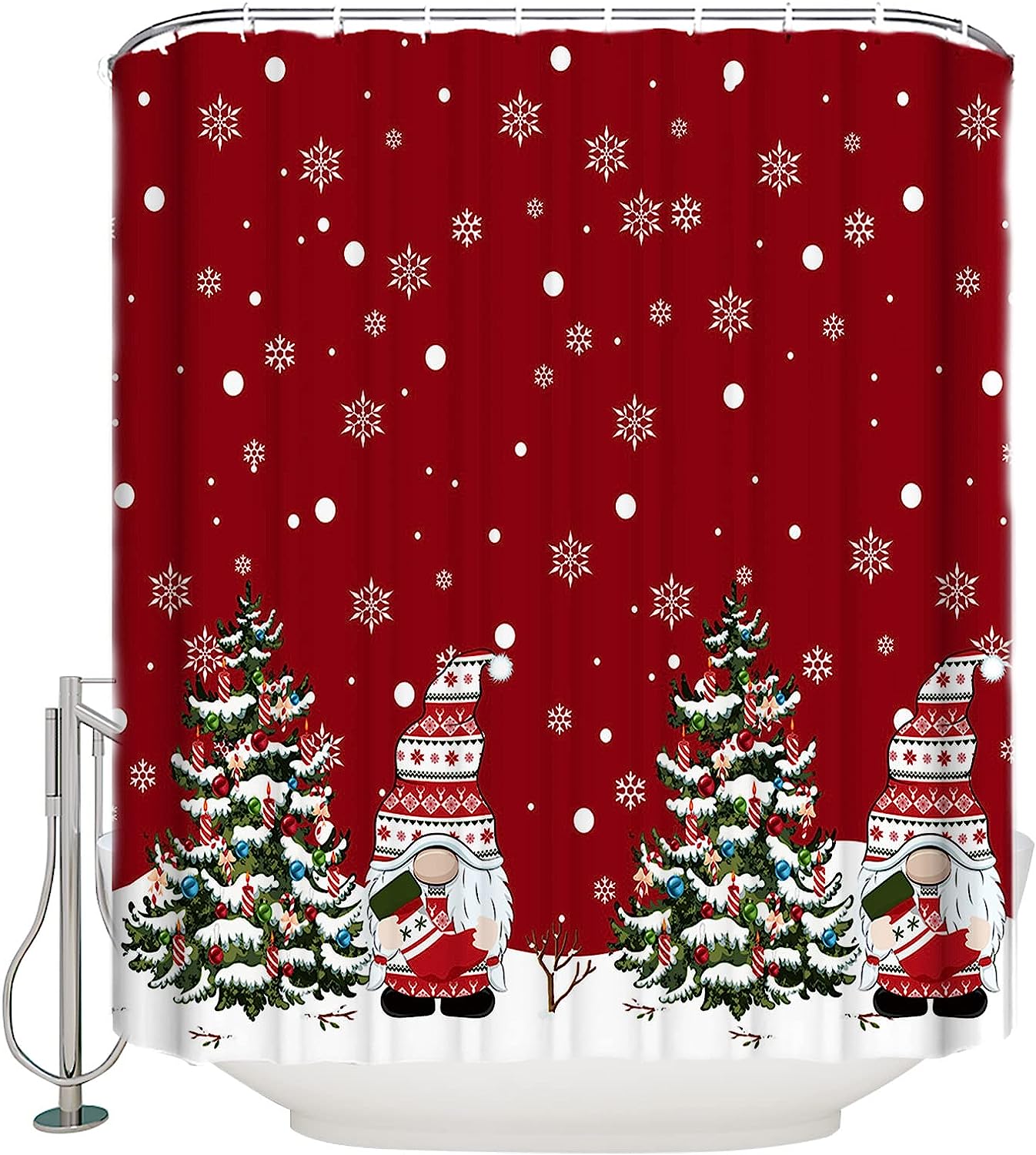 Gnome Tree Ornaments Shower Curtain | Merry Christmas Balls Snowflake Bathroom Decor