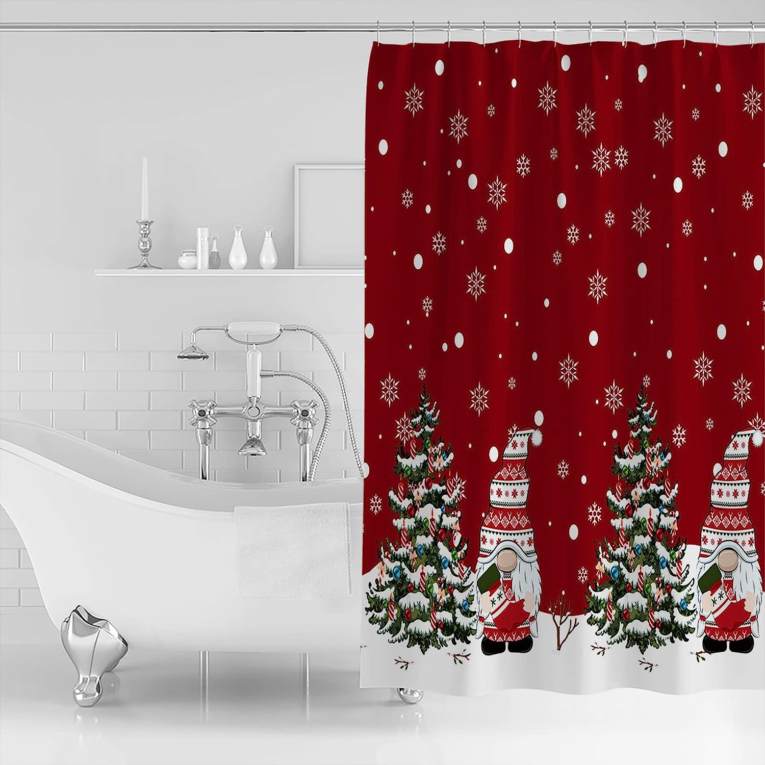 Gnome Tree Ornaments Shower Curtain | Merry Christmas Balls Snowflake Bathroom Decor - Image 2