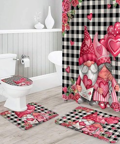Gnomes Love Heart Roses Black White Plaid Waterproof Shower Curtain for Valentine's Day
