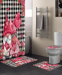 Gnomes Love Heart Roses Black White Plaid Waterproof Shower Curtain for Valentine's Day
