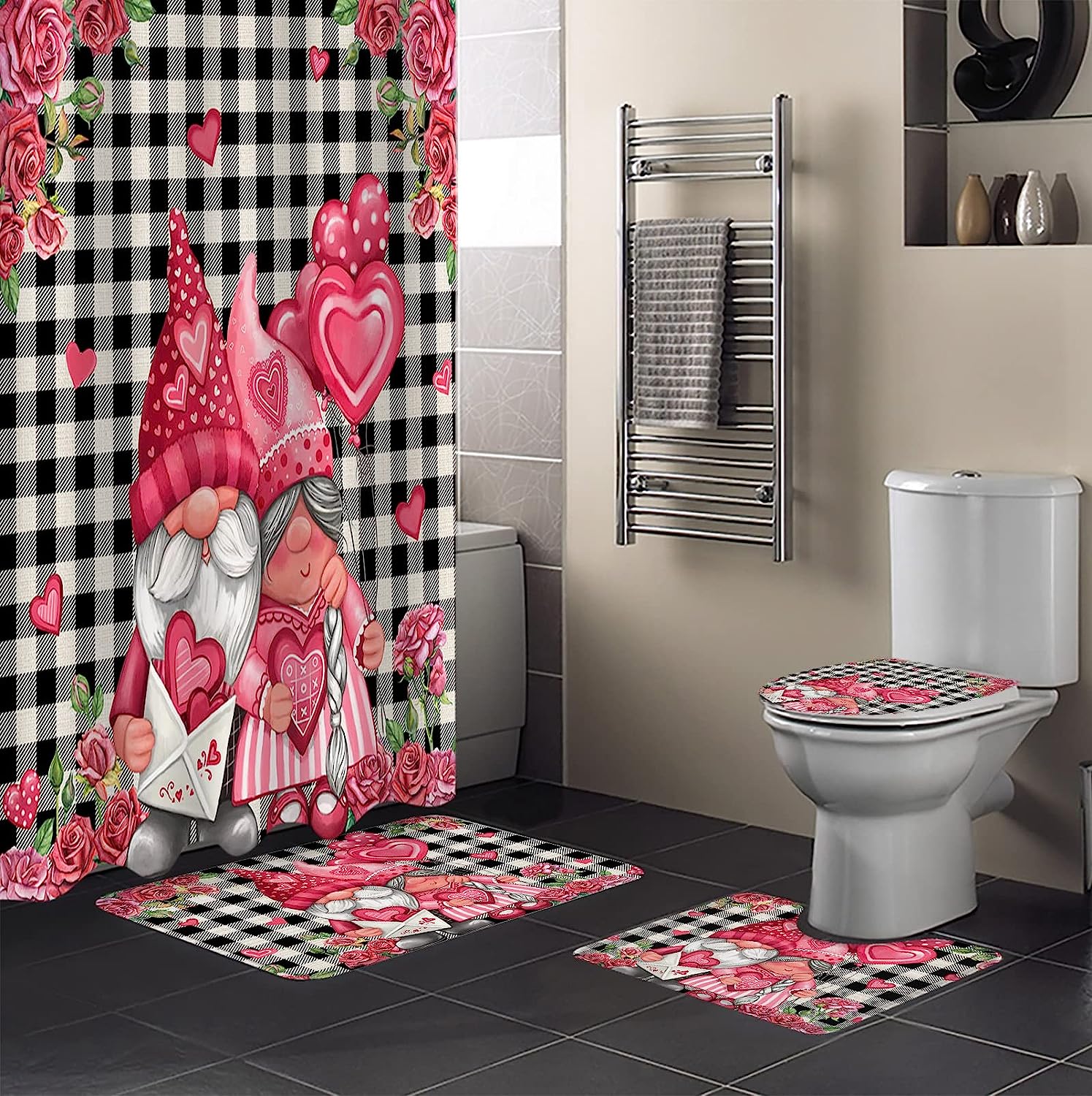 Gnomes Love Heart Roses Black White Plaid Waterproof Shower Curtain for Valentine's Day