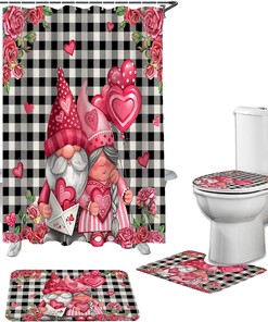 Gnomes Love Heart Roses Black White Plaid Waterproof Shower Curtain for Valentine's Day