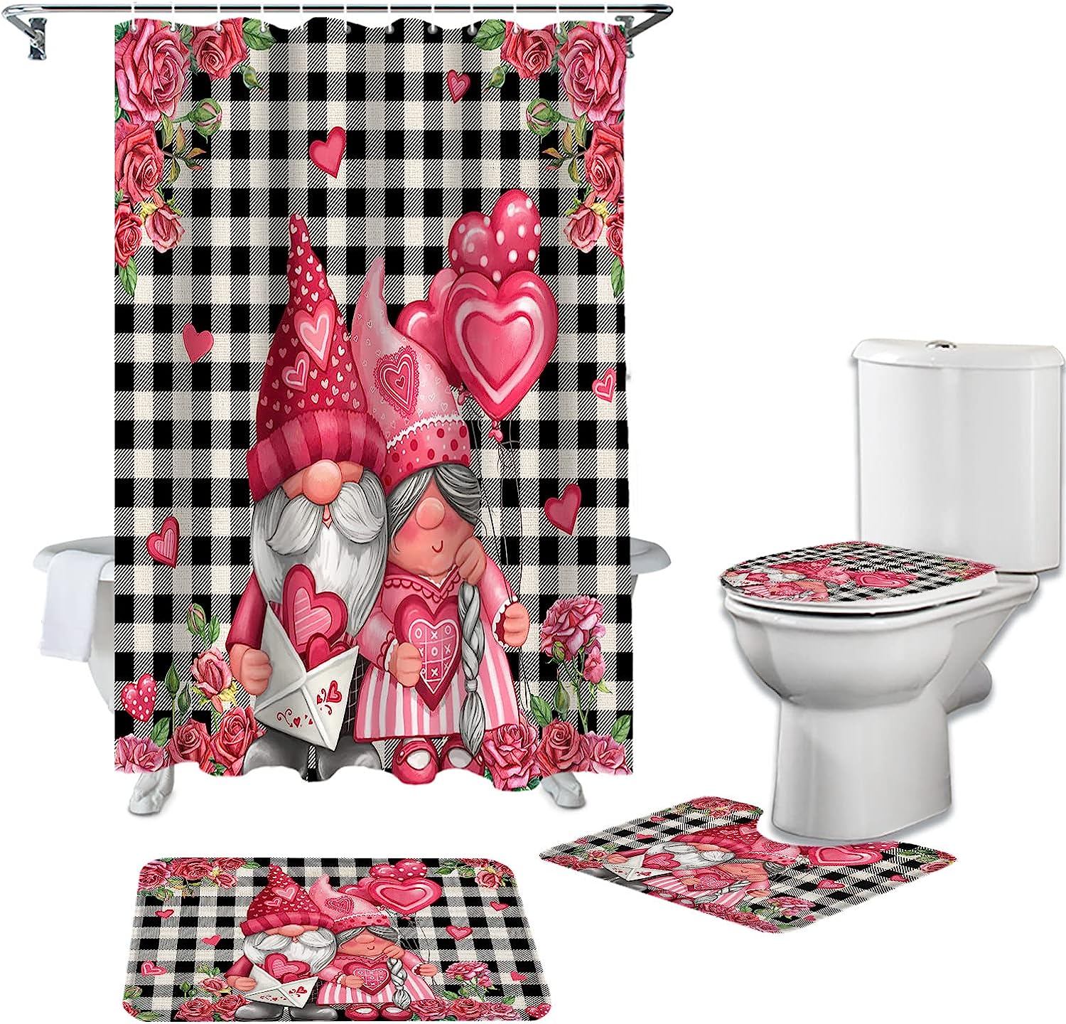 Gnomes Love Heart Roses Black White Plaid Waterproof Shower Curtain for Valentine's Day