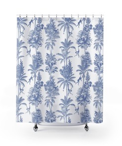 Go Bohemian with Monkey Jungle Shower Curtain - Contemporary Blue and White Pattern 