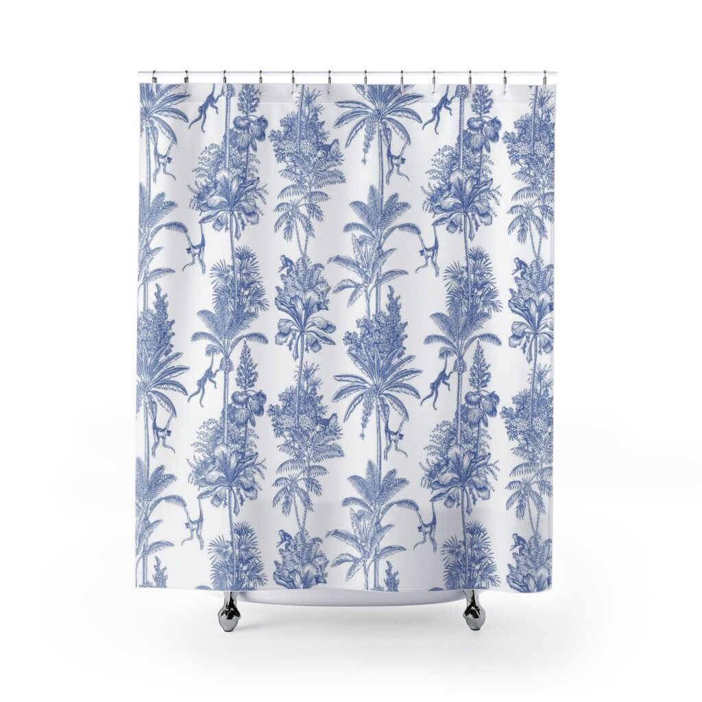Go Bohemian with Monkey Jungle Shower Curtain - Contemporary Blue and White Pattern