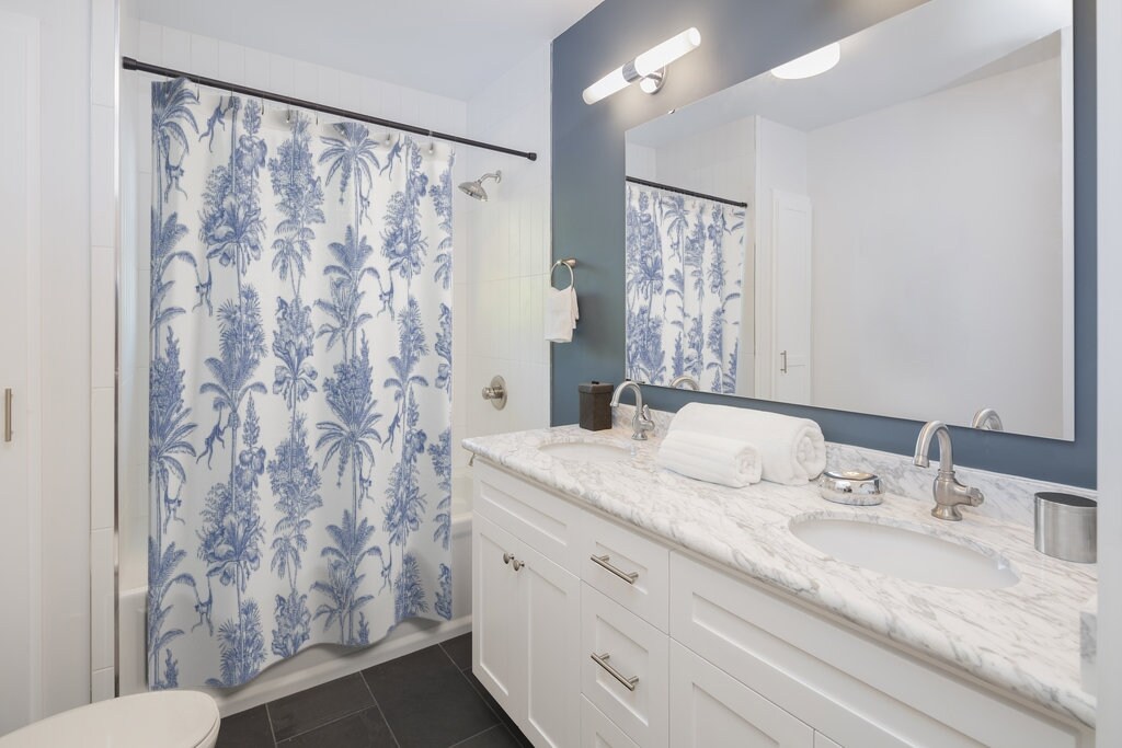 Go Bohemian with Monkey Jungle Shower Curtain - Contemporary Blue and White Pattern