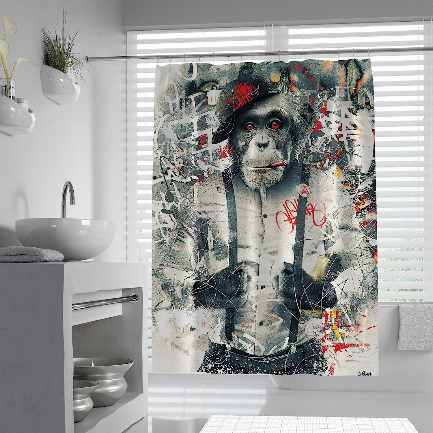 Go Retro with Monkey Graffiti Shower Curtain - Perfect for Street Art Lovers