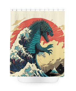 Go-Zilla Japanese Shower Curtain Ukiyo-E Inspired Art With Great Wave And Waterproof Curtain 