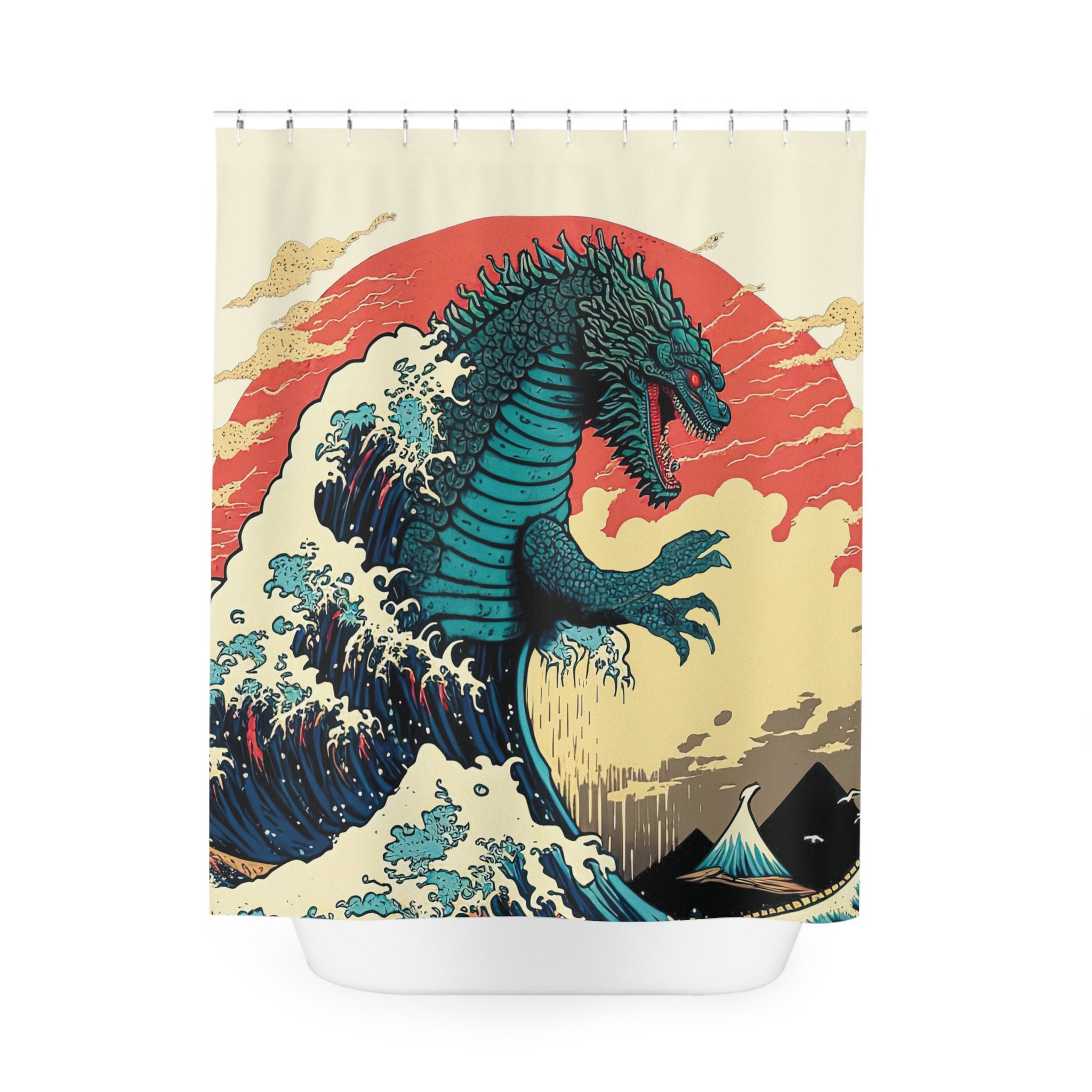 Go-Zilla Japanese Shower Curtain Ukiyo-E Inspired Art With Great Wave And Waterproof Curtain