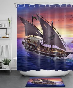Goblin Pirate Ship Sunset Seagulls Waterproof Shower Curtain Fantasy Print 
