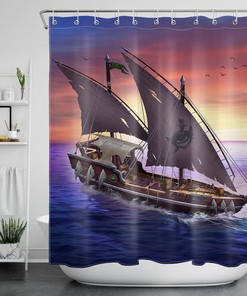 Goblin Pirate Ship Sunset Seagulls Waterproof Shower Curtain Fantasy Print